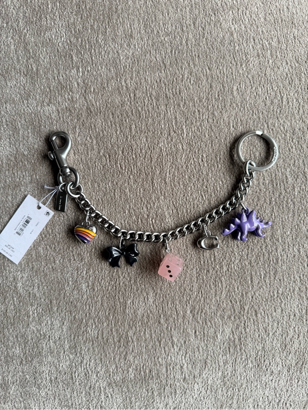 Coach Silver Chain Keyring with Purple Dinosaur and Pink Dice Charms